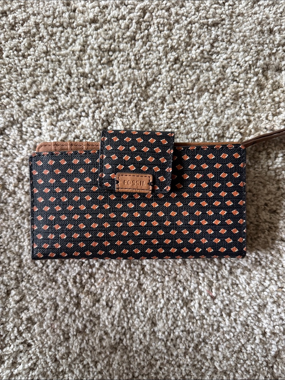 Fossil Black Wallet with Orange Diamond Print